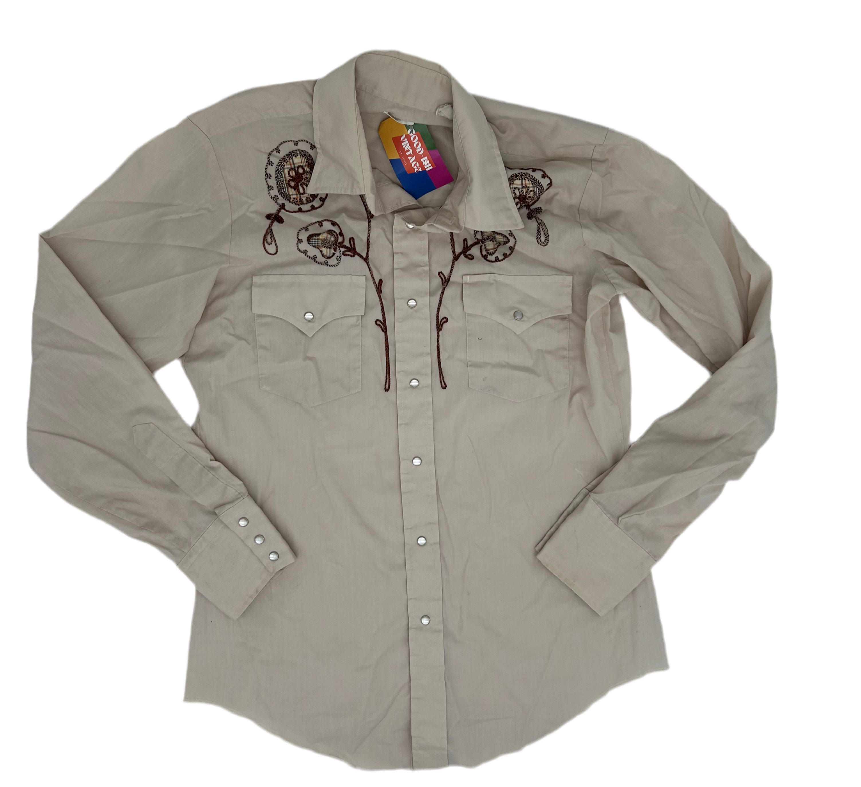 L Pearl Snap Tan Floral Embroidered Button Up