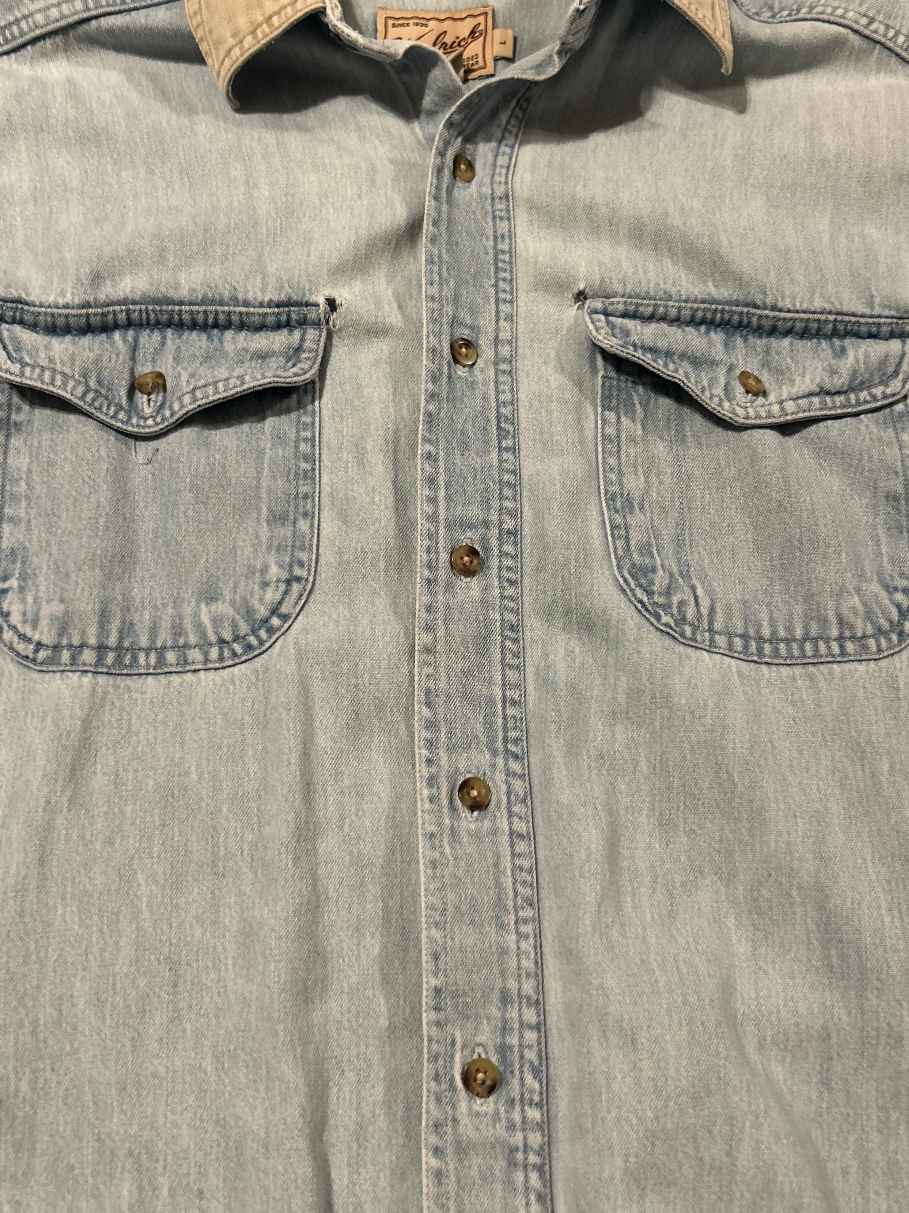 XL Worn Denim Button Up with Contrast Collar