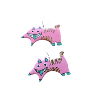 Pink green & yellow stripe goofy cat earring