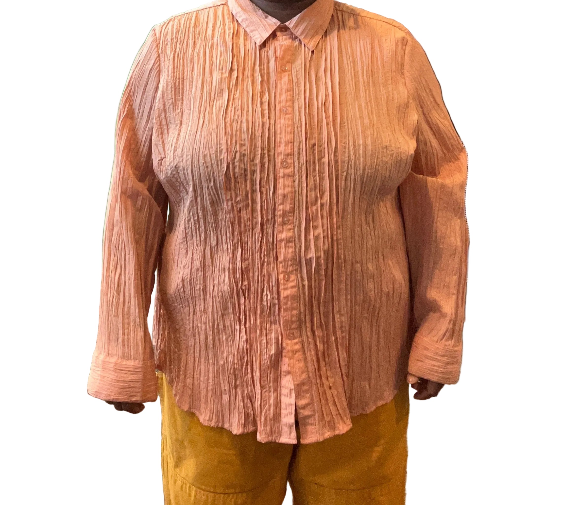 3X Ashley Stewart Peach Crinkle Long Sleeve Button Up