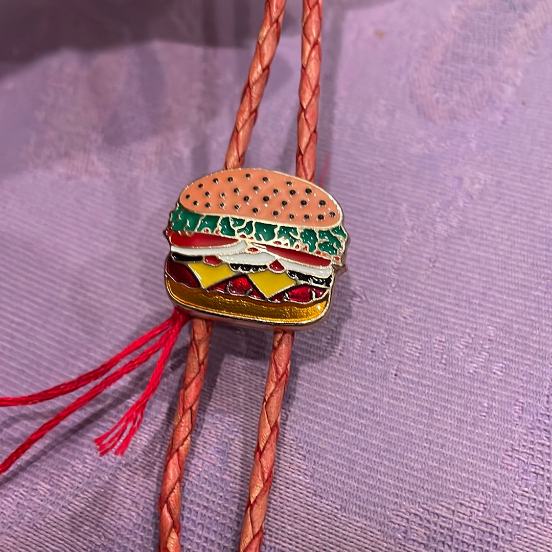 Hamburger & Red Leather Bolo Tie