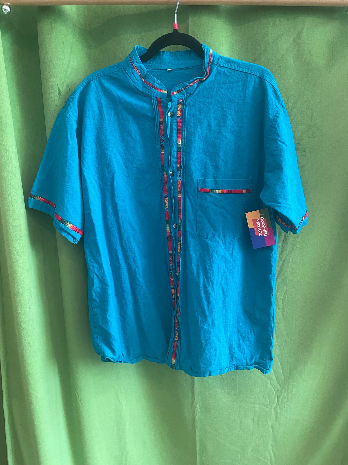 Turqoise Cotton Banded Collar Short Sleeve Button Up