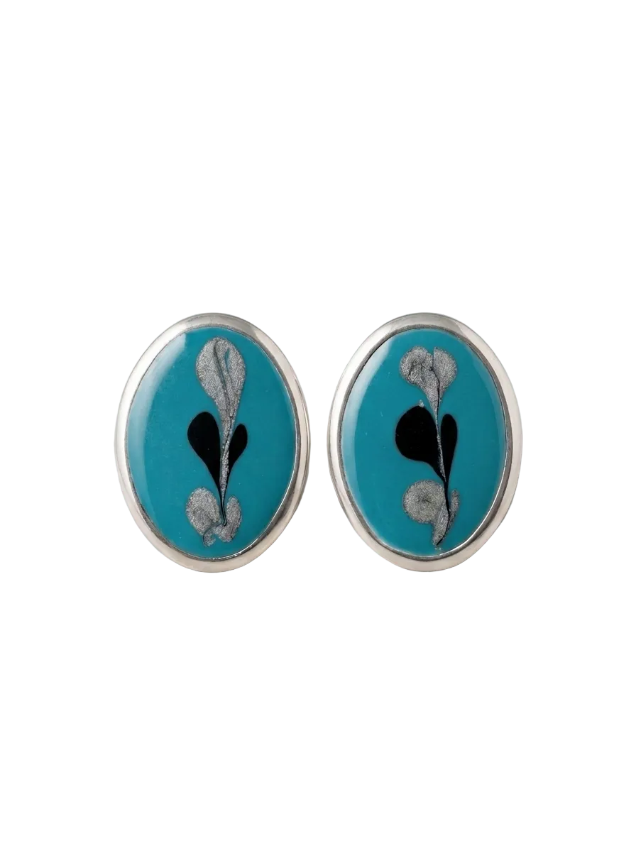 Teal Abstract Oval Earrings