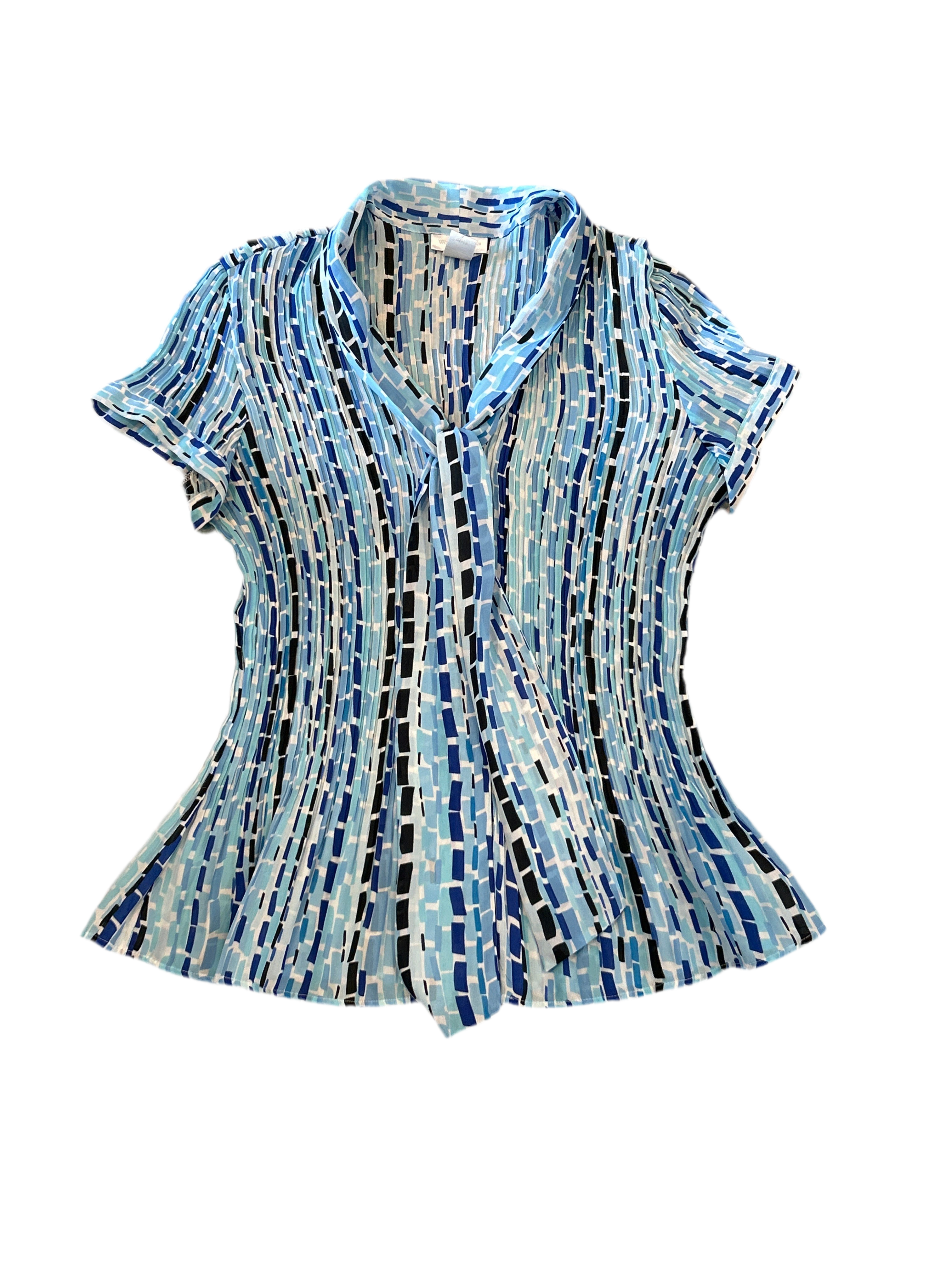2X Worthing Women Short Sleeve Blue Pussy Bow Top