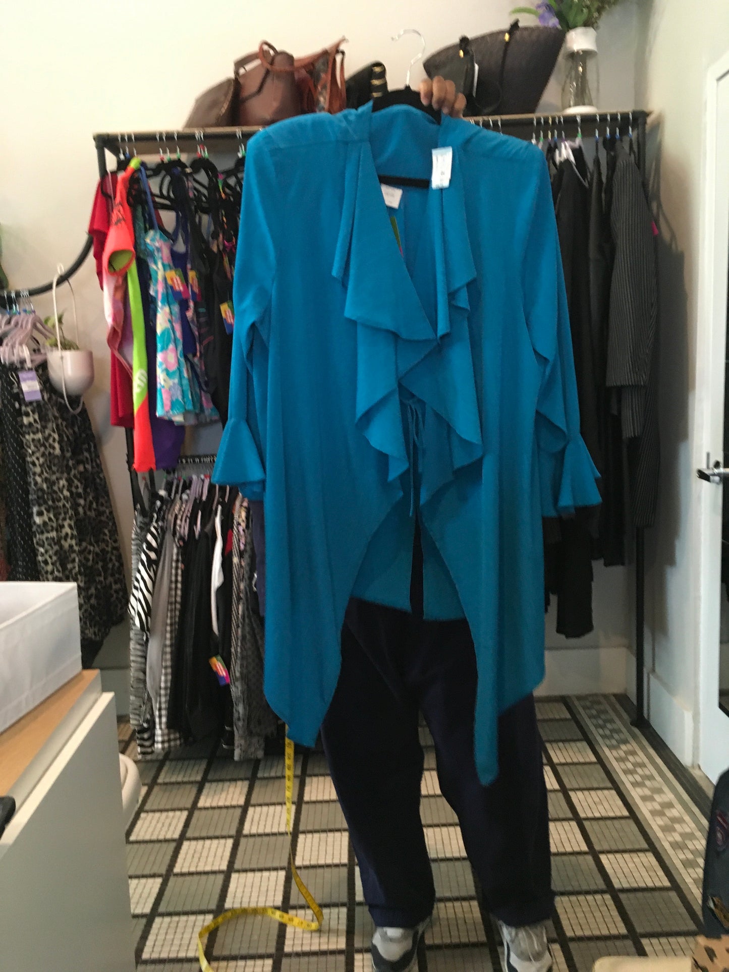 Teal ruffle tie front blouse