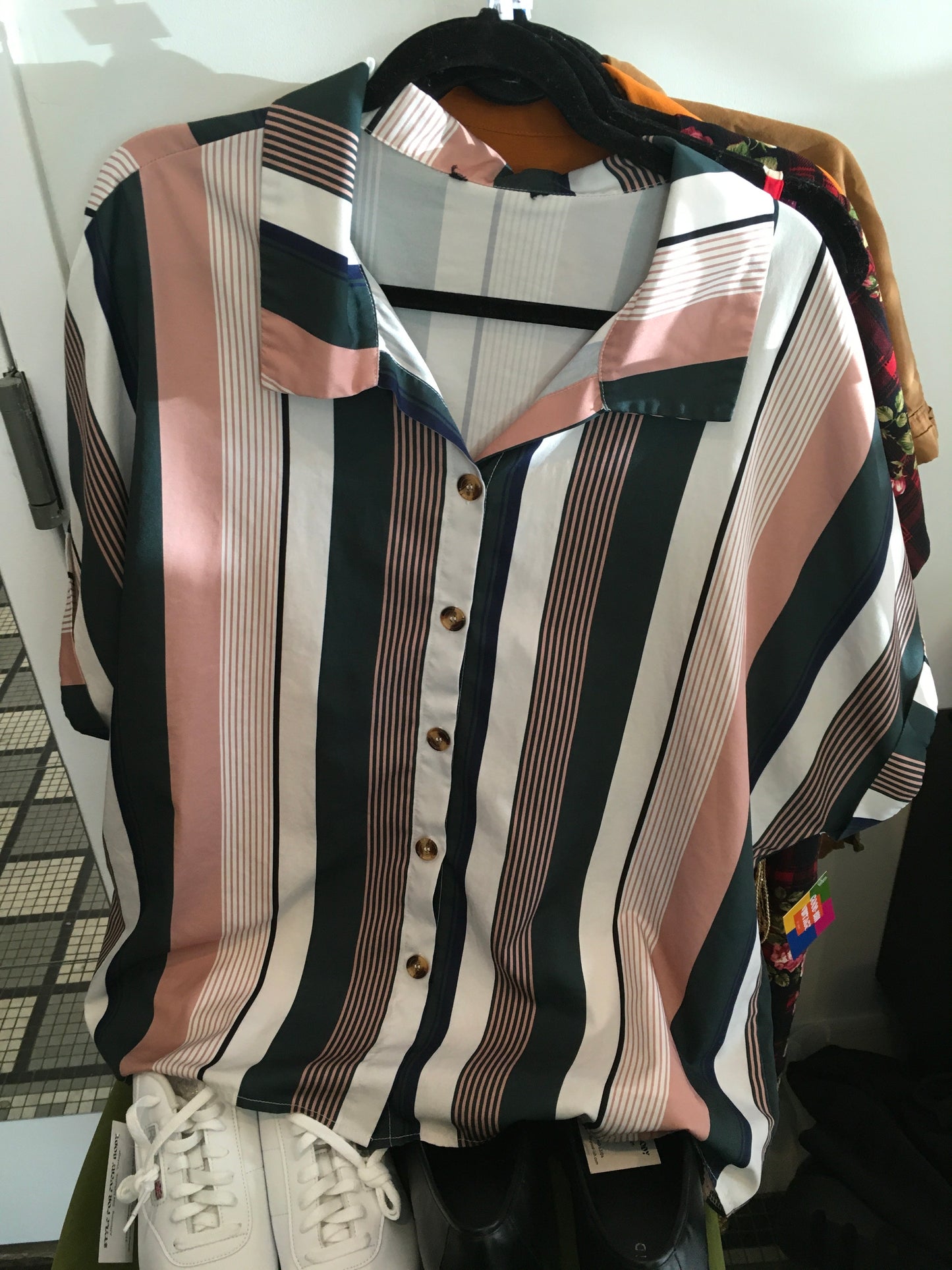 Pink & Green Striped Short Sleeve Button Up