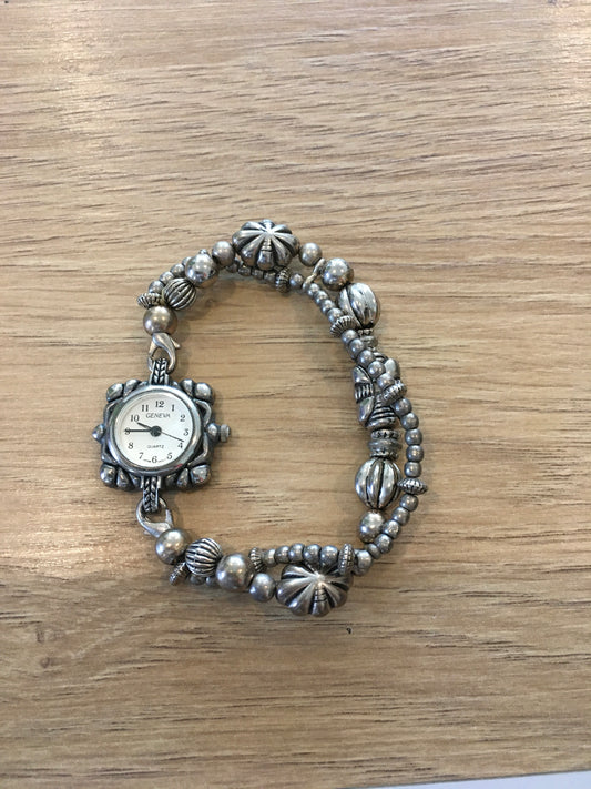 Geneva Silver bead removable stretchy bracelet fashion watch (not operating)