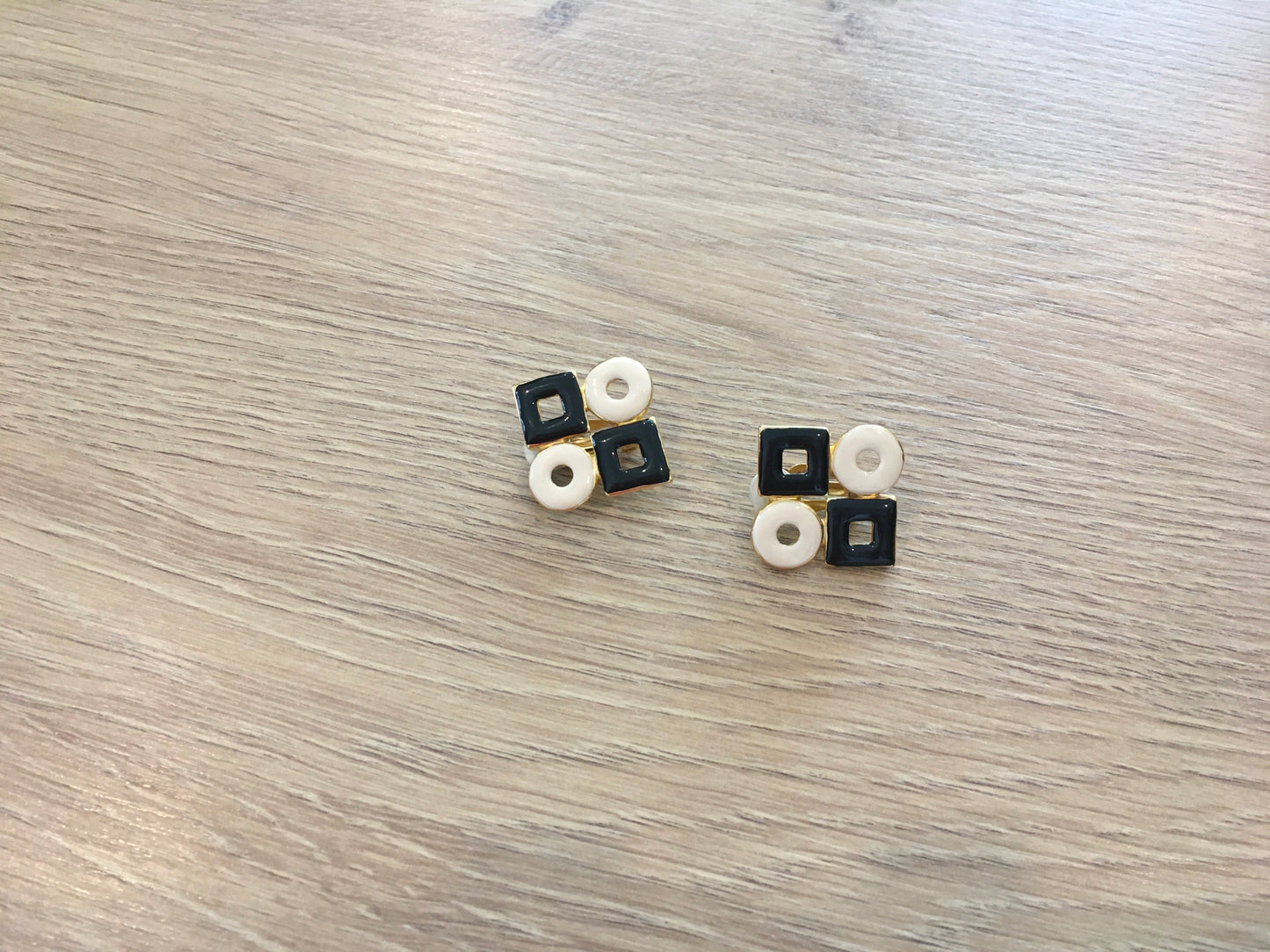 Gold cream & black enamel square circle clip on earring