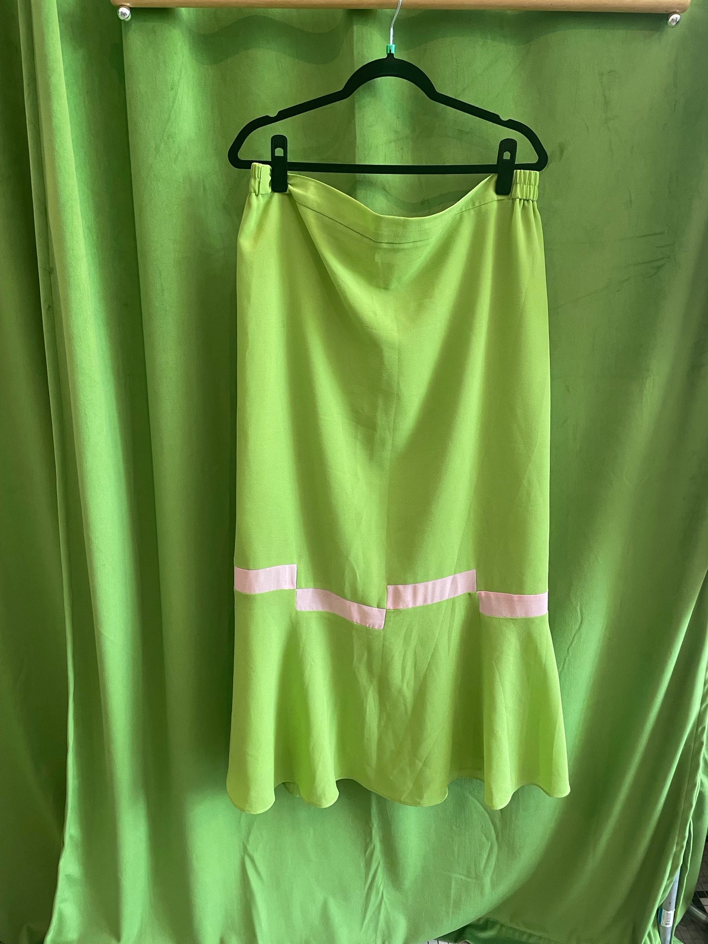 Lime Green Tulip Midi Skirt w/ Pink Block Detail