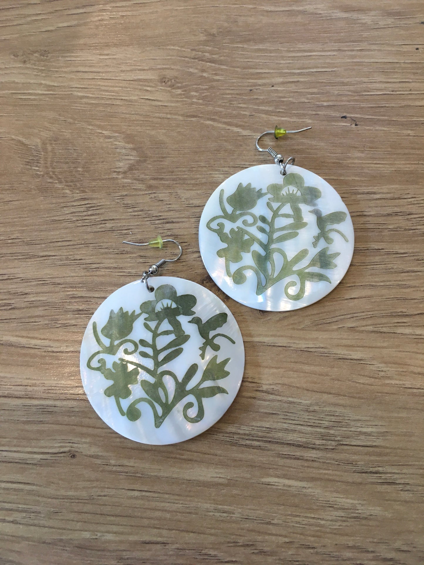 Abolone green floral printed circle drop earrings