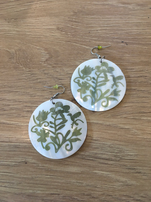 Abolone green floral printed circle drop earrings