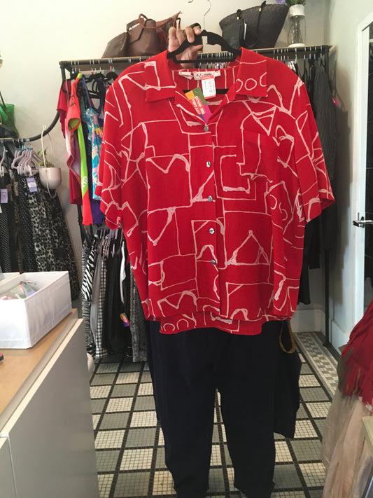 K. C. Studio red abstract short sleeve button up