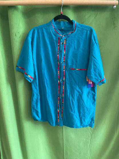 Turqoise Cotton Banded Collar Short Sleeve Button Up