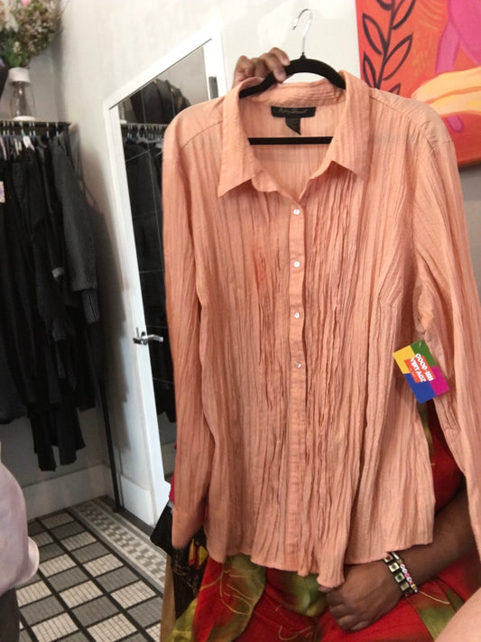 3X Ashley Stewart Peach Crinkle Long Sleeve Button Up