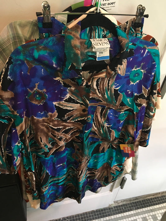 Jessica Stevens Blue Multicolor Short Sleeve Button Up