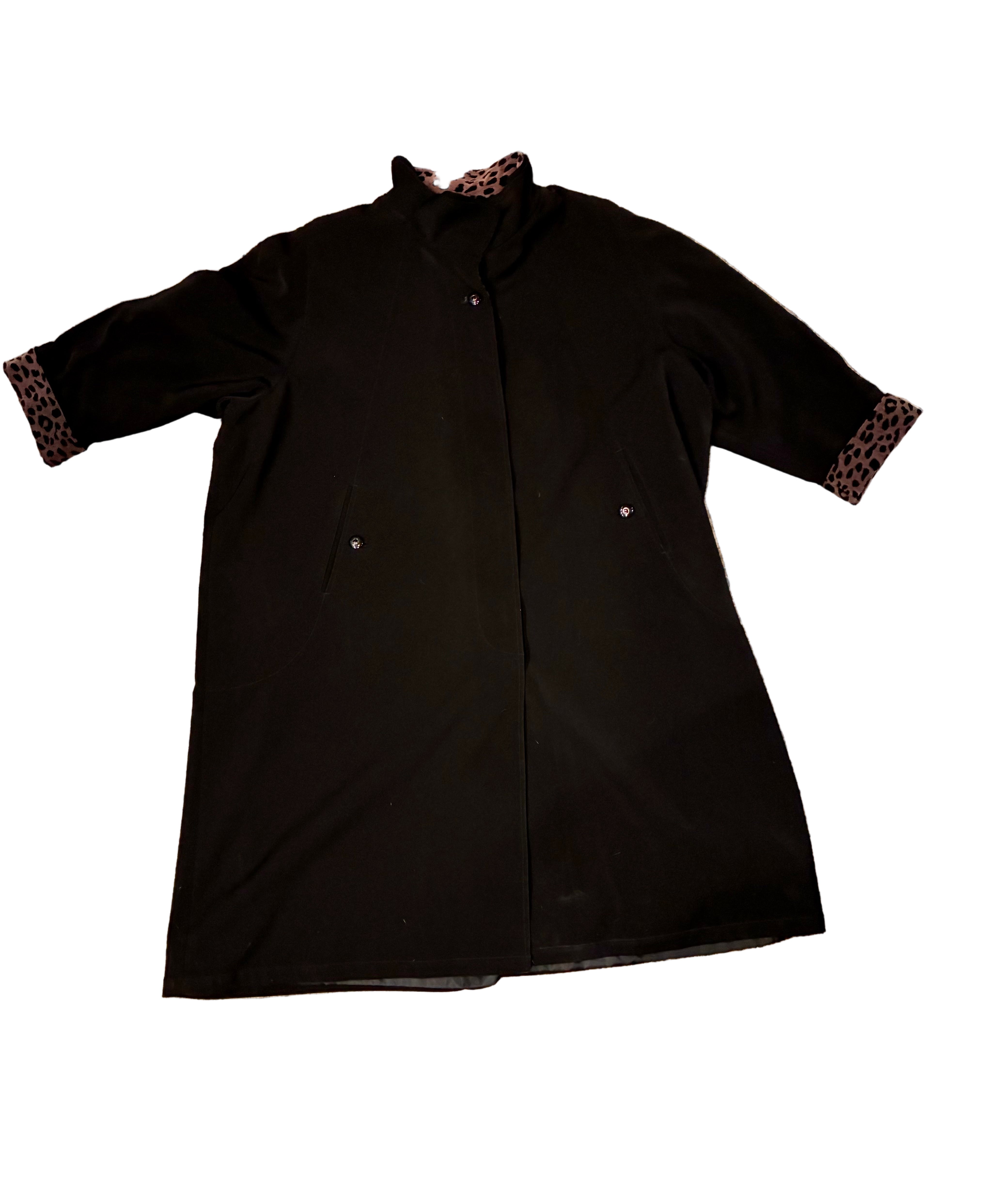 5X CBO New York brand Black Trench w/ Animal Print Collar & Cuffs