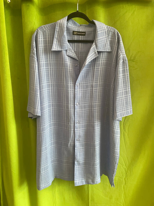 Montique Blue Waffle Textured Sheer Hatch Pattern Short Sleeve Button Up Shirt