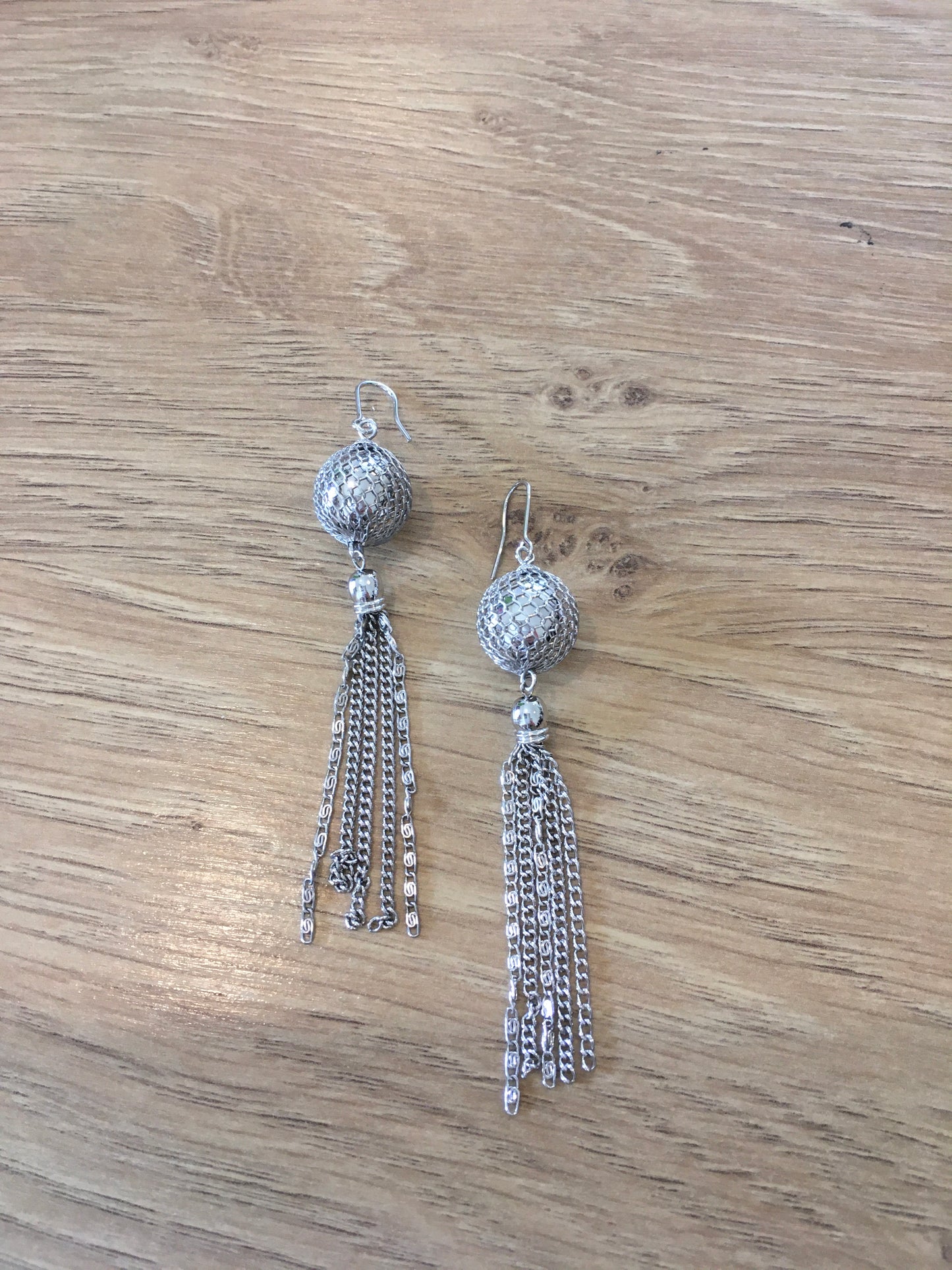 Silver ball mesh & chain dangle earrings