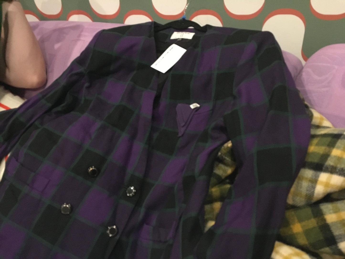 2X Kasper Purple Check Double Breasted Collarless Blazer