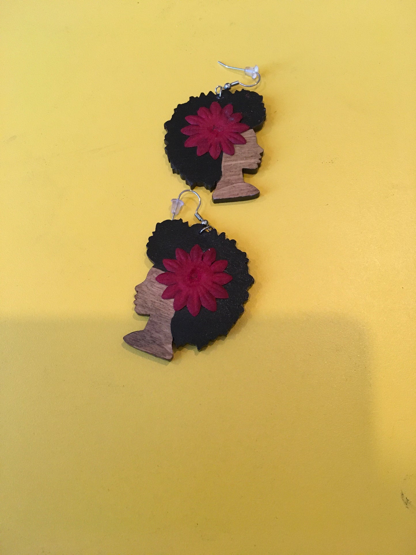 Wood afro flower profile earrings