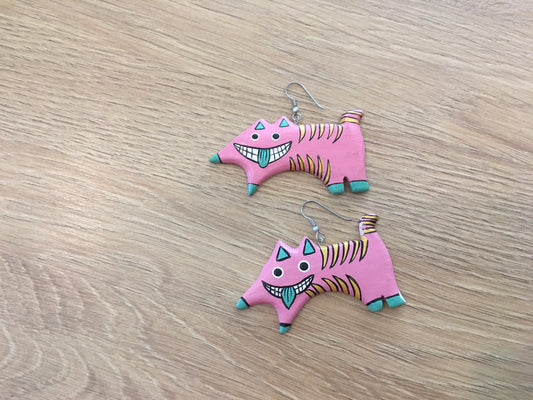 Pink green & yellow stripe goofy cat earring