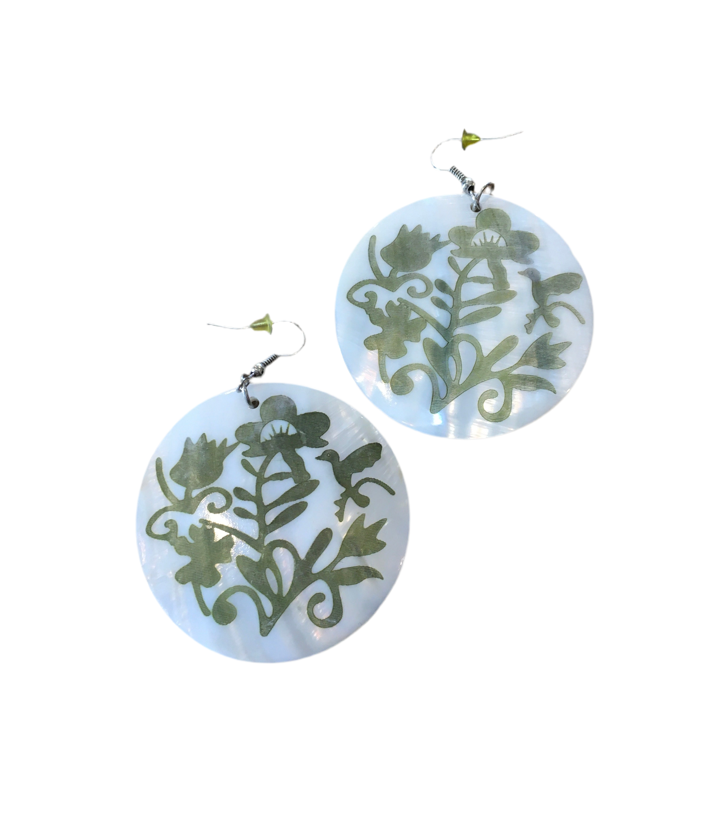 Abolone green floral printed circle drop earrings