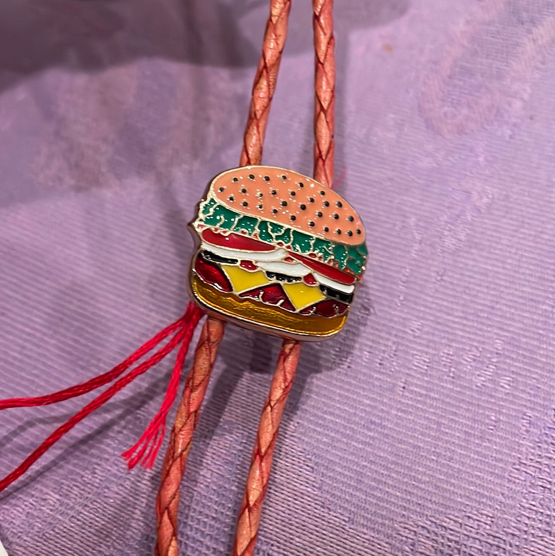 Hamburger & Red Leather Bolo Tie