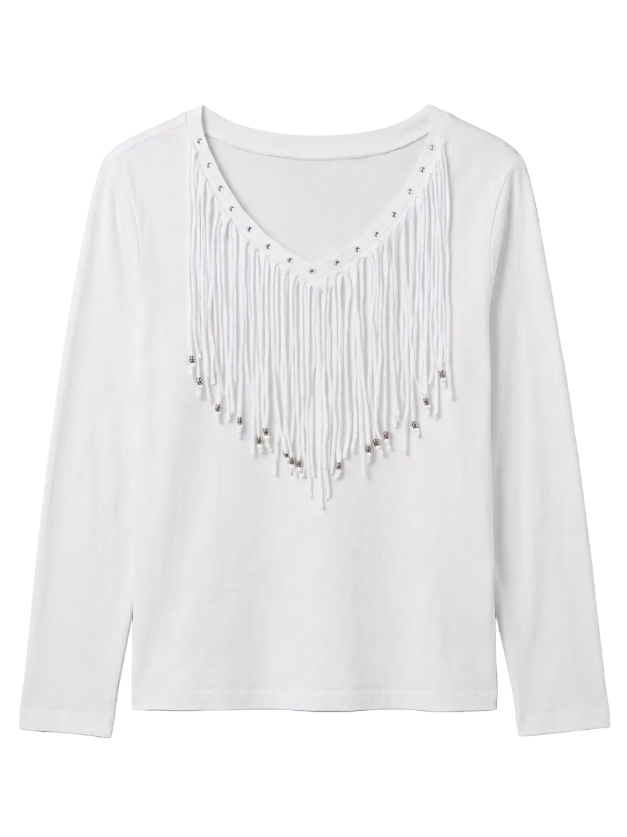 White Fringe Long Sleeve Tee