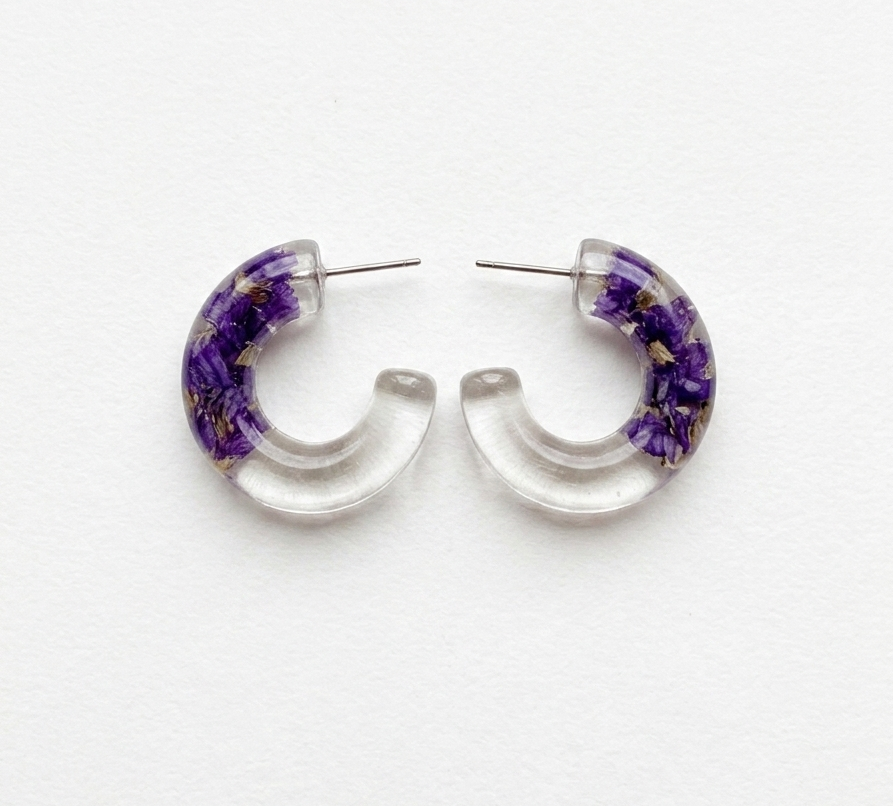 Purple Floral Encapsulated Acrylic Hoop Earrings