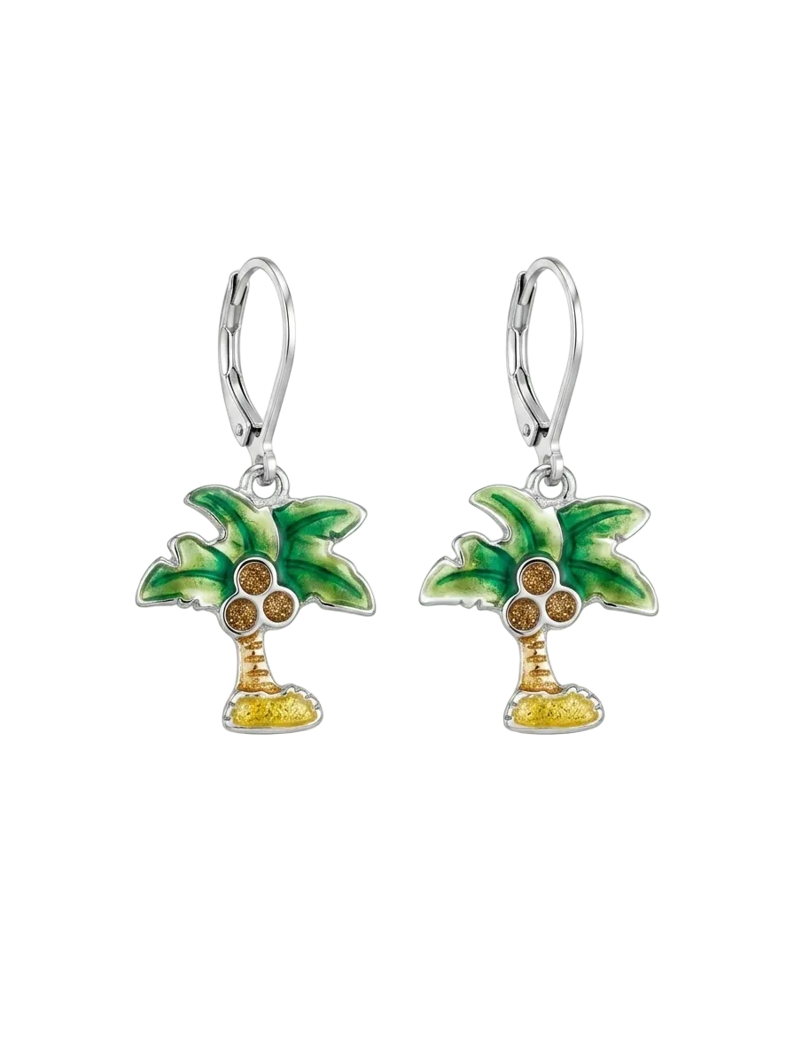 Palm Tree Silver & Enamel Drop Earrings