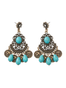 Gold Tone Turquoise, Rhinestone & Coin Drop Earring