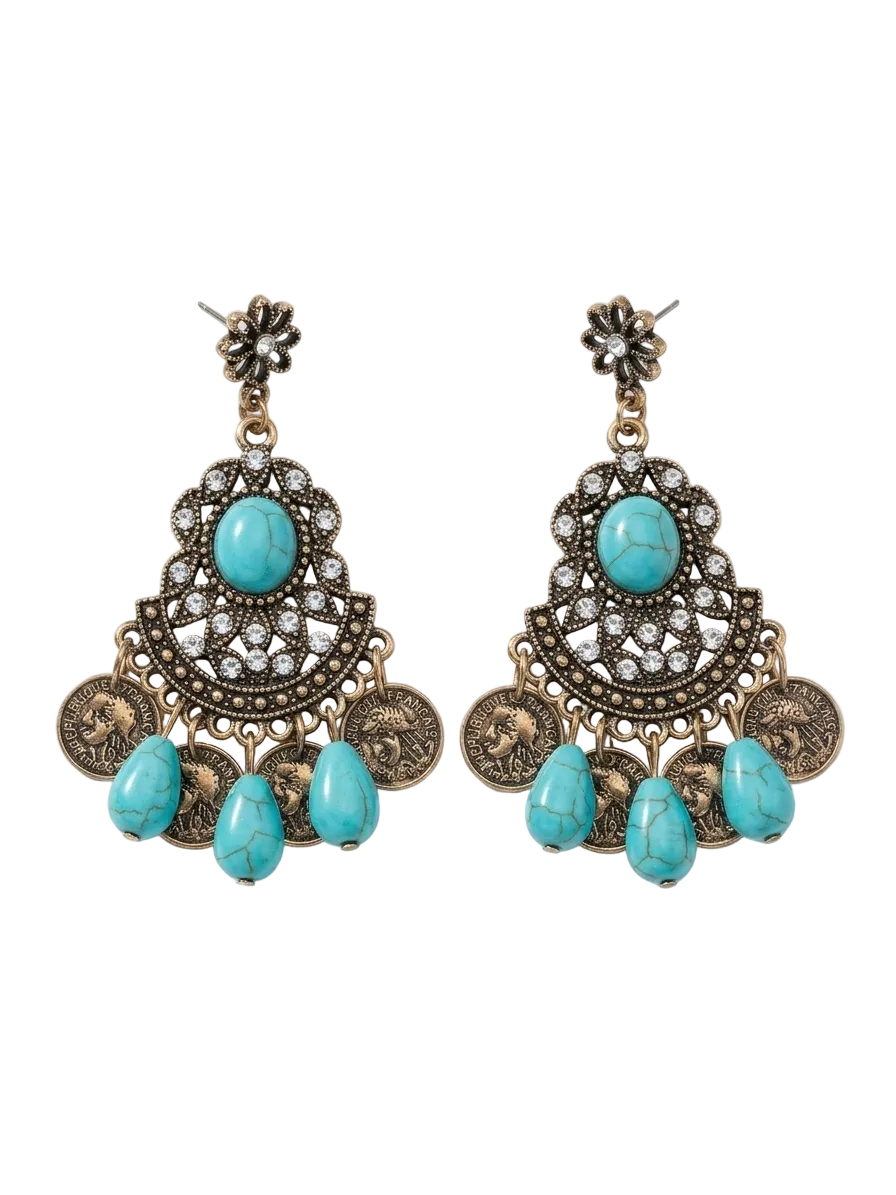Gold Tone Turquoise, Rhinestone & Coin Drop Earring