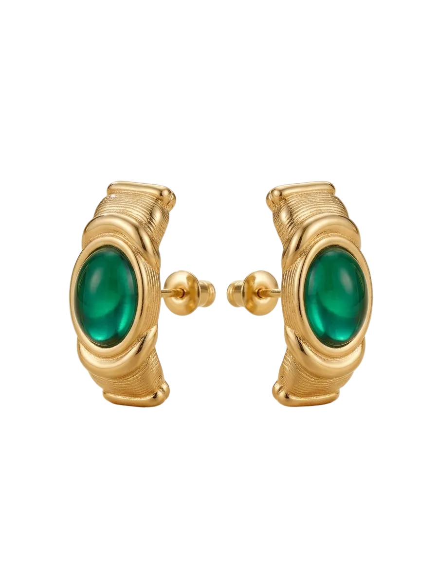 Gold and Green Ribbed Earrings