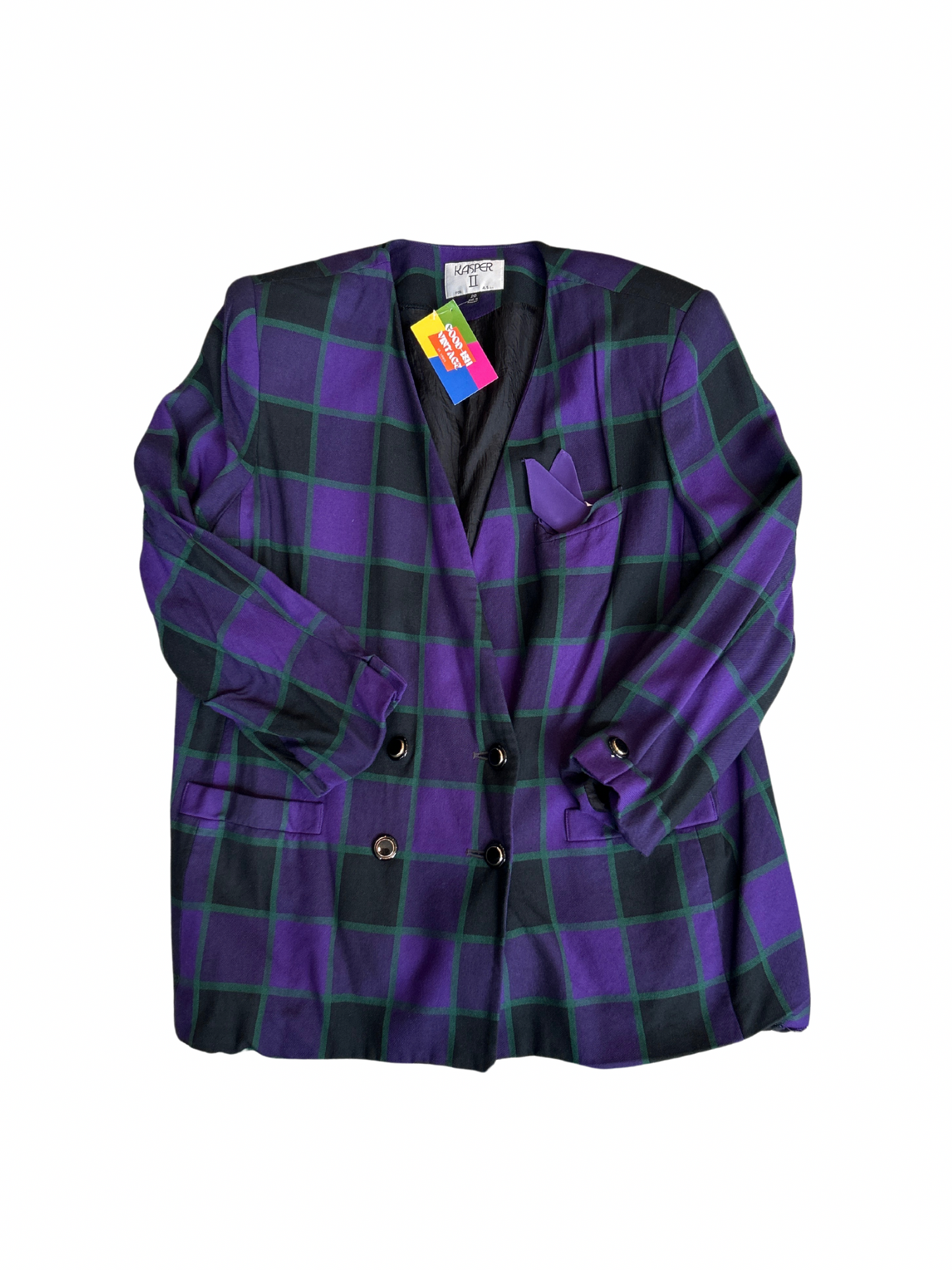 2X Kasper Purple Check Double Breasted Collarless Blazer